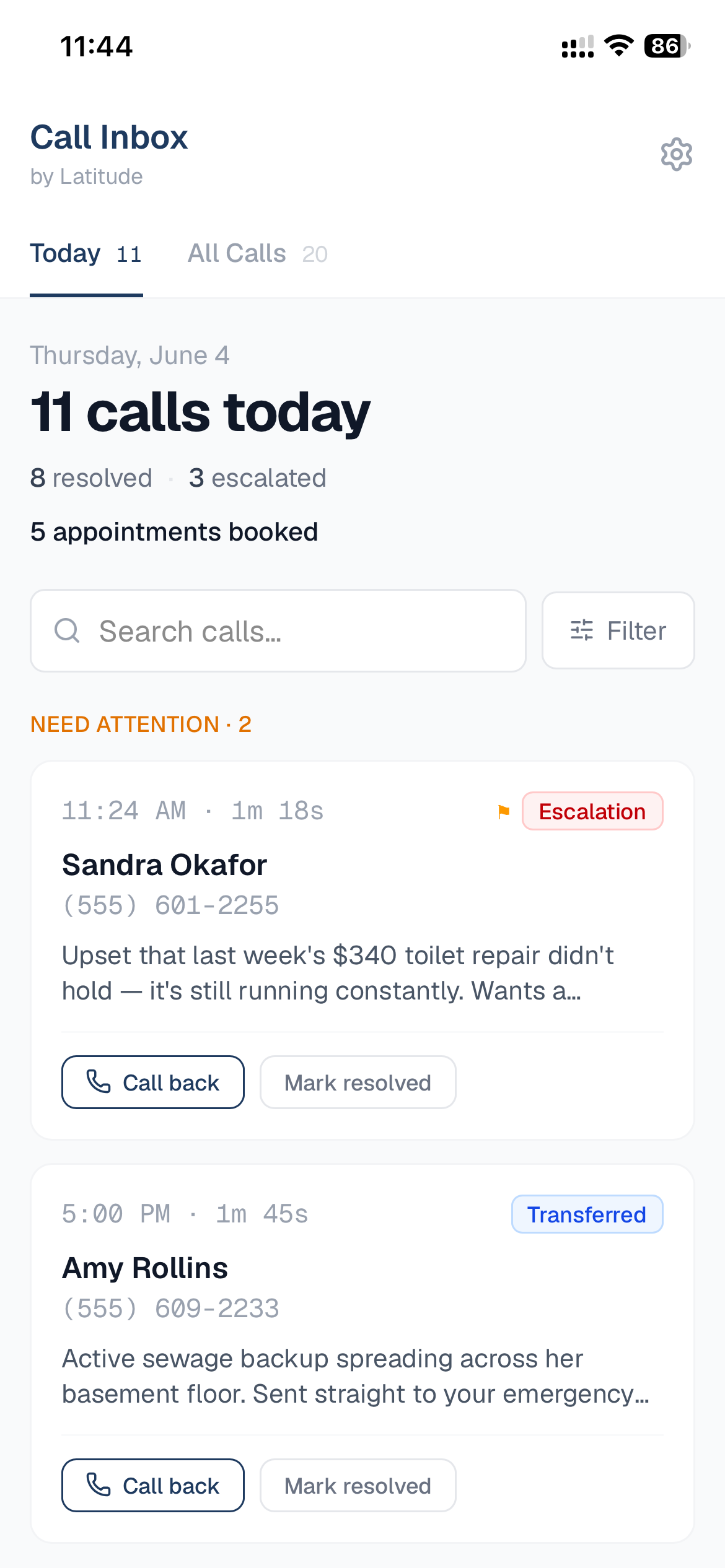 Call Inbox app showing today's answered calls with AI summaries, outcomes, and callback buttons