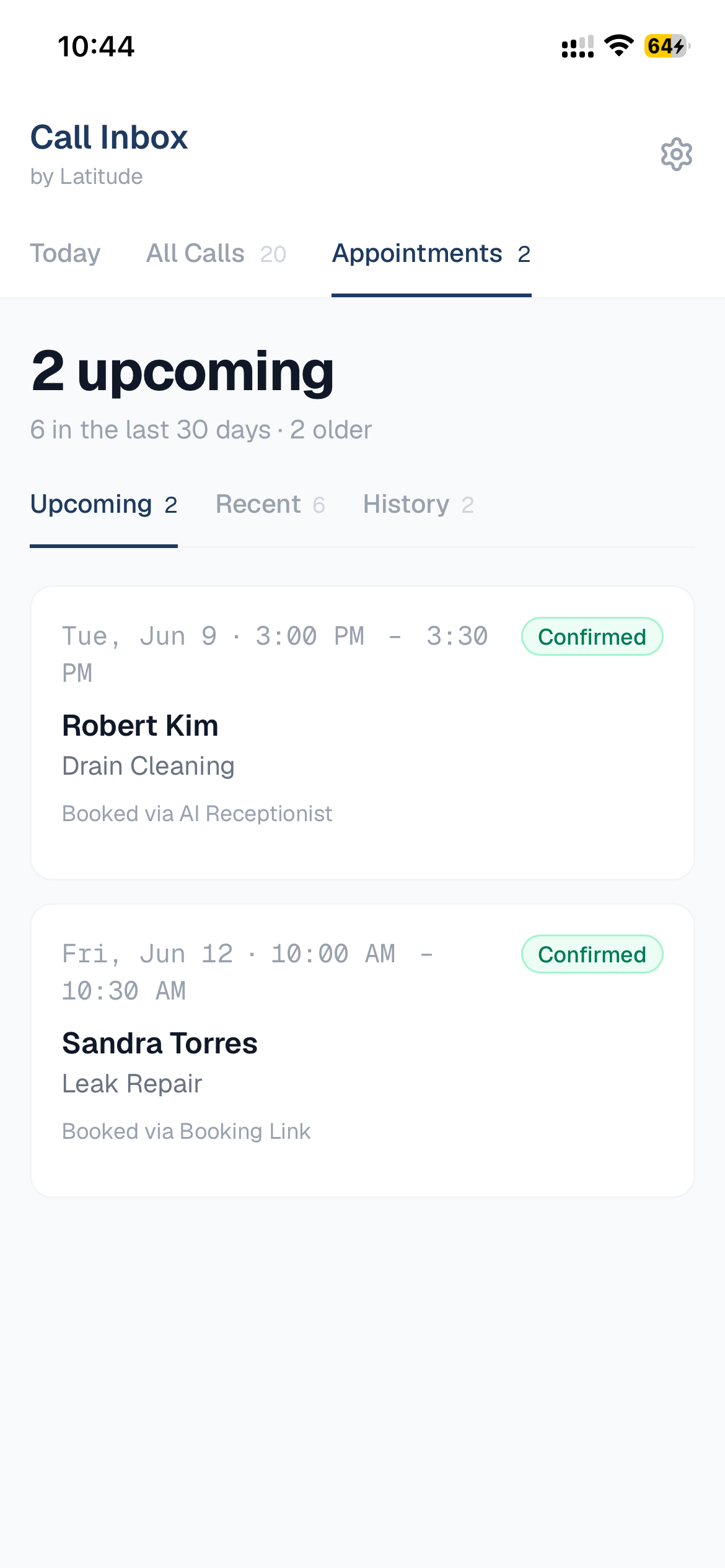 Appointments tab showing upcoming confirmed jobs booked by the AI receptionist