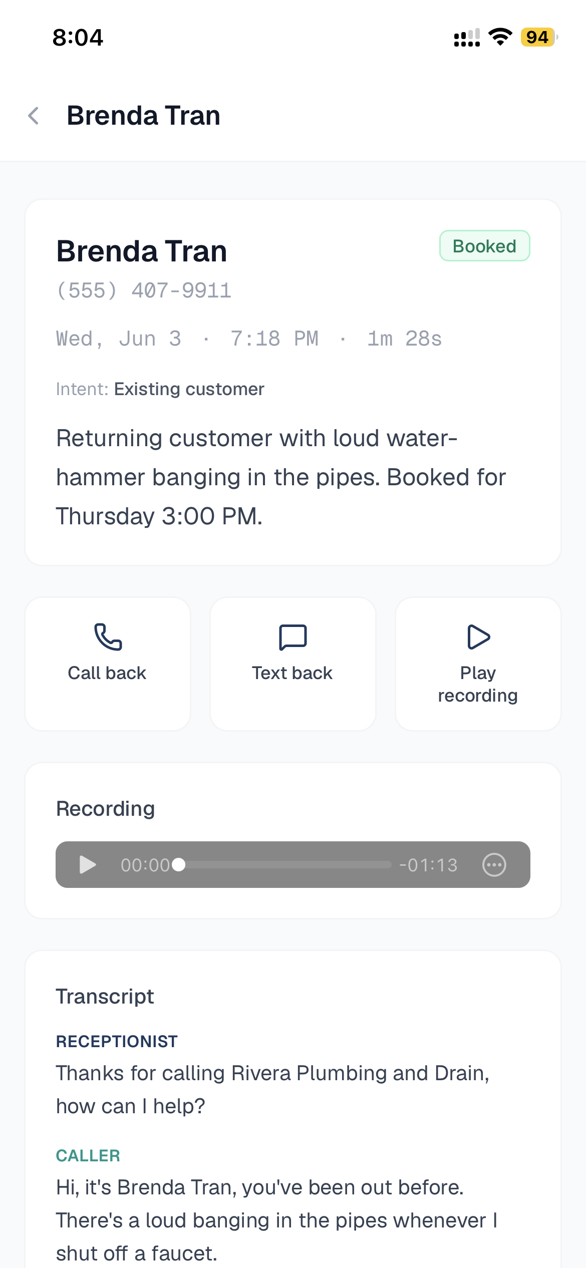 A booked appointment captured by the AI receptionist, with caller details and summary
