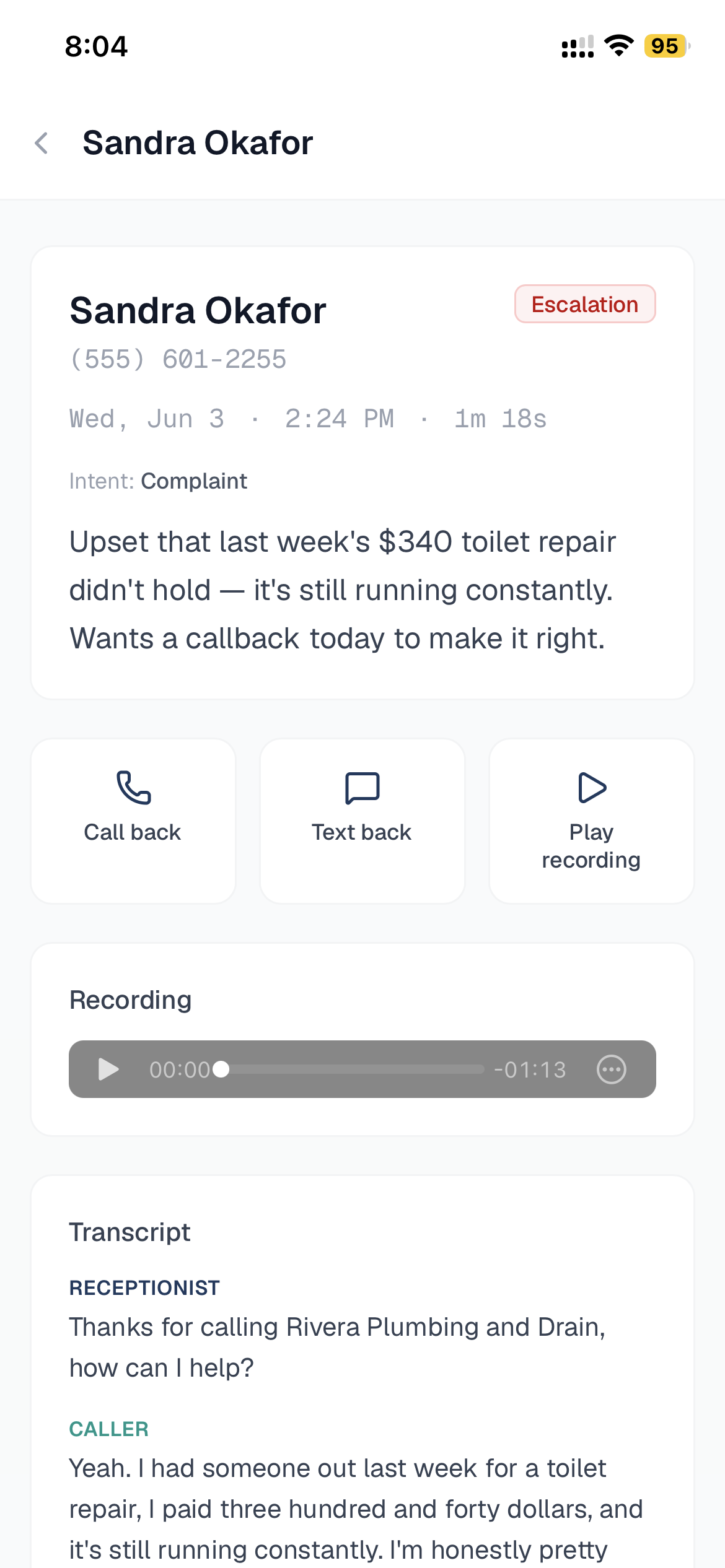 Single call detail with summary, transcript, audio player and callback button